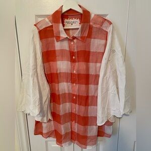 shari b. green remade in America upcycle OOAK blouse red white check huge sleeve